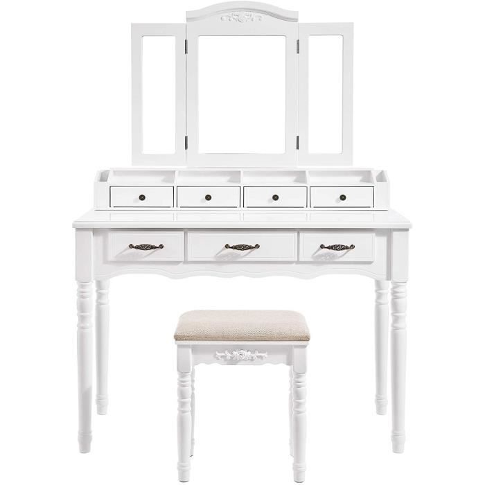 Coiffeuse Avec Miroir Et Tabouret VASAGLE | Éclairage LED Réglable, Loupe 10x, Multiprise | 5 Tiroirs, Plateau à Bijoux | Blanc Nuage