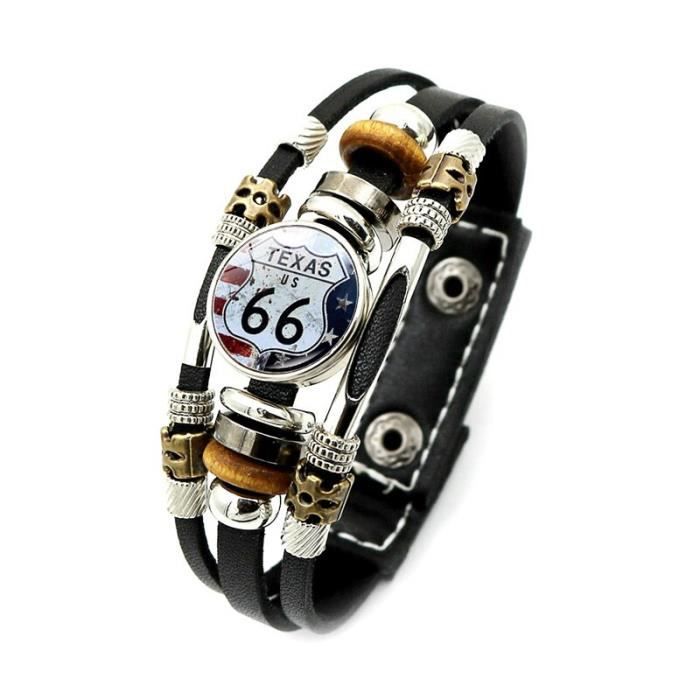 Bracelet Biker / Motard - Thème Route US 66 - Simili Cuir Et Acier Inoxydable - Unisexe - Neuf Avec étiquettes