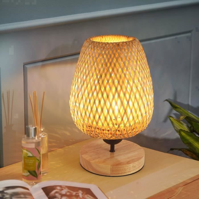 DELIPOP Lampe Chevet Rustique - E27 60W - Bambou Bois Naturel - Pour Bureau Salon Chambre Cuisine