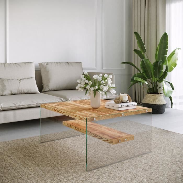 table basse - emob - locelso - bois massif - pieds en verre trempé - blanc