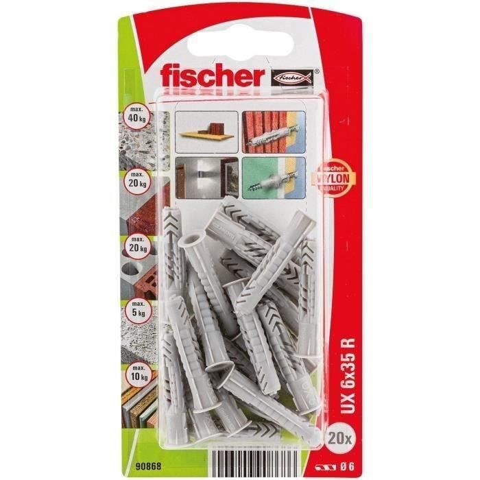 Chevilles multimat FISCHER 6x35 mm Nylon Lot de 20 Universelles avec collerette