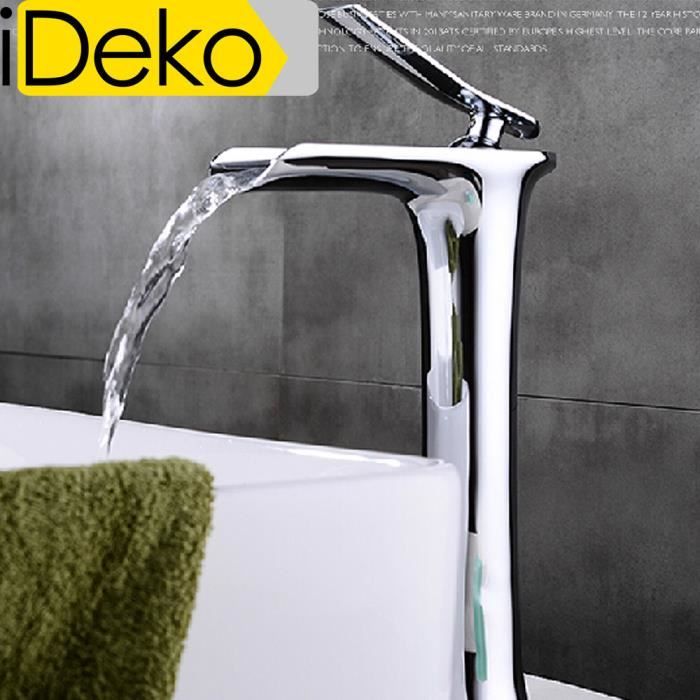 Robinet Mitigeur lavabo cascade haut bec salle de bain design moderne Laiton Céramique chrome IDK3127 - IDEKO