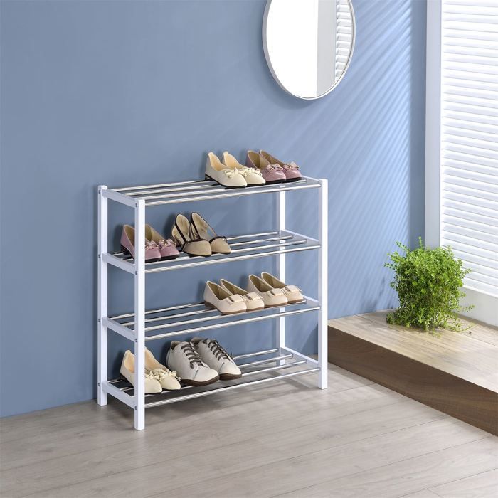 Etagère à chaussures DUBLIN rangement porte-chaussures avec 4 niveaux pour 14 paires en métal chromé et laqué blanc
