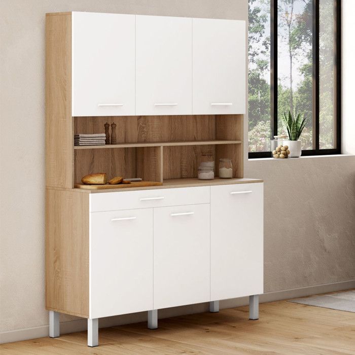 IDMARKET Buffet de cuisine 120 CM CINA 6 portes + tiroir façon hêtre et blanc