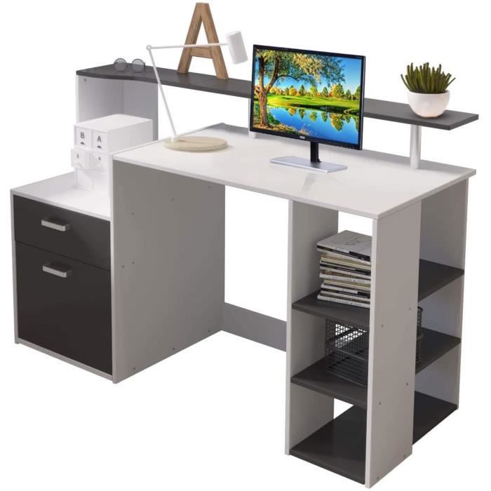 Bureau d'ordinateur avec tiroirs et étagères de rangement - JOOLIHOMELIVING  - Blanc+Noir - Contemporain - Design - Cdiscount Maison