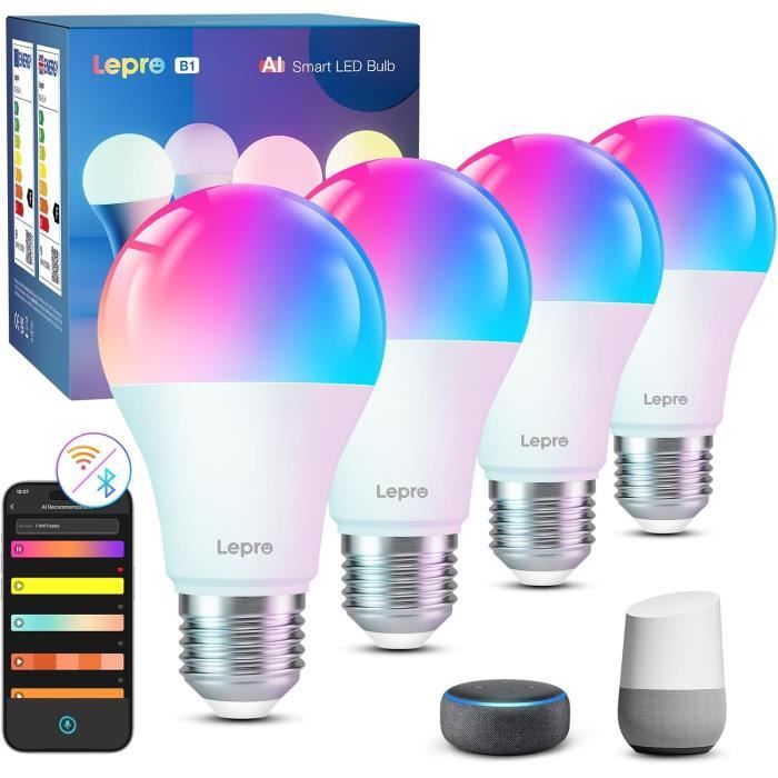 Ampoule connectée Wifi E27 - LEPRO - Lepro B1 - Reconnaissance des émotions - Commandes vocales - Lot de 4