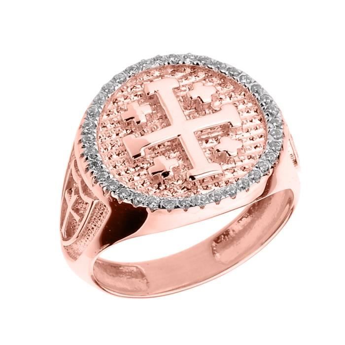 Bague Homme Solide 10 Ct Or Rose Jerusalem Croises Croix Diamant
