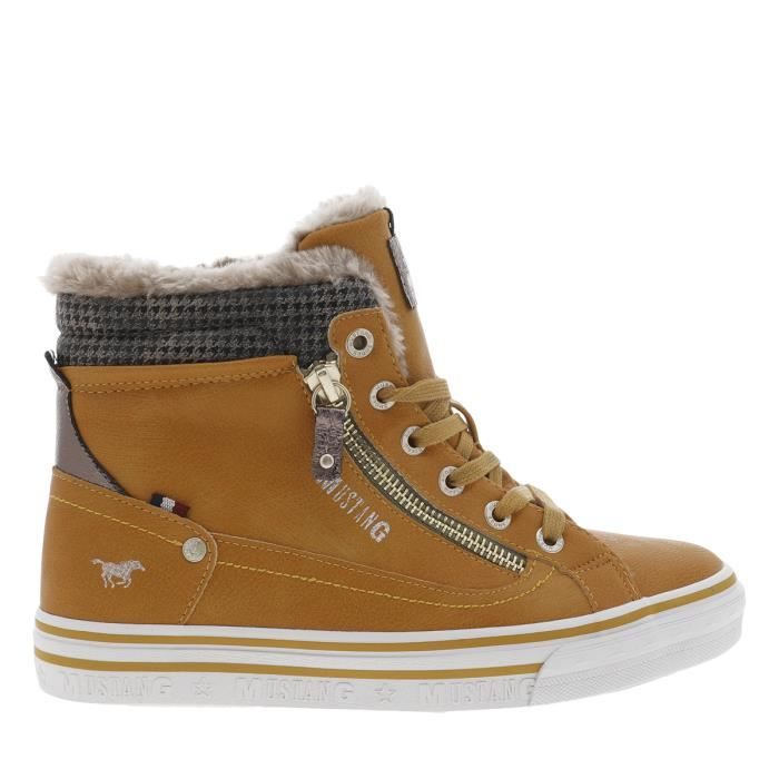 Baskets montantes MUSTANG Jaune moutarde Femme Cuir Jaune moutarde Cdiscount Chaussures