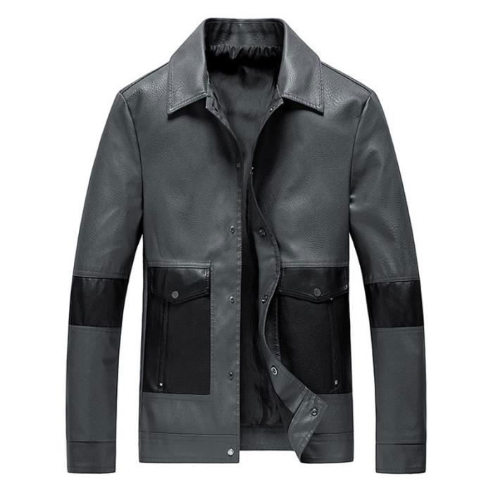 Blouson Homme en Cuir Mi saison Casual Couleurs Contrastees Col revers Veste Cuir PU Marque Luxe Veste Homme Gris noir Cdiscount Pret a Porter