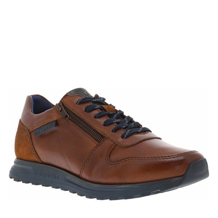 Bugatti Baskets basses en cuir cognac avec des lacets plats et un zip latéral