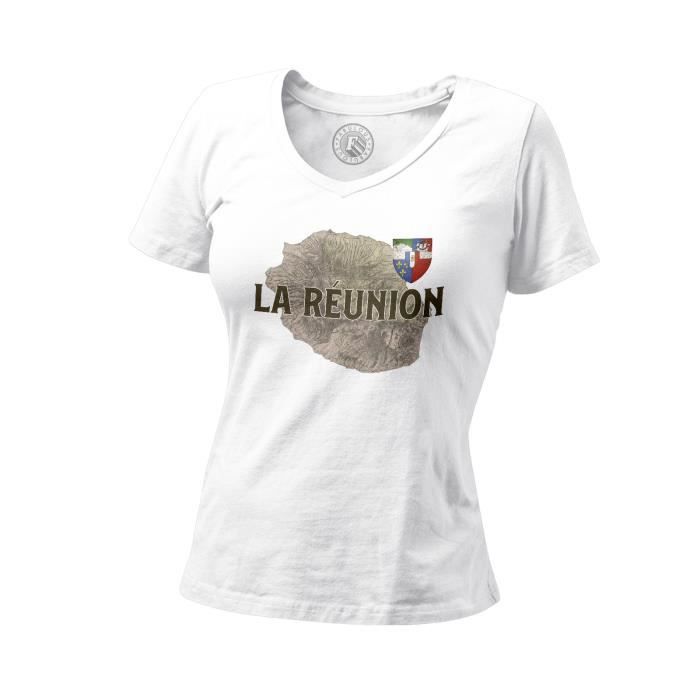 T shirt Femme Col V La R union 974 Ile Departement Carte Ancienne