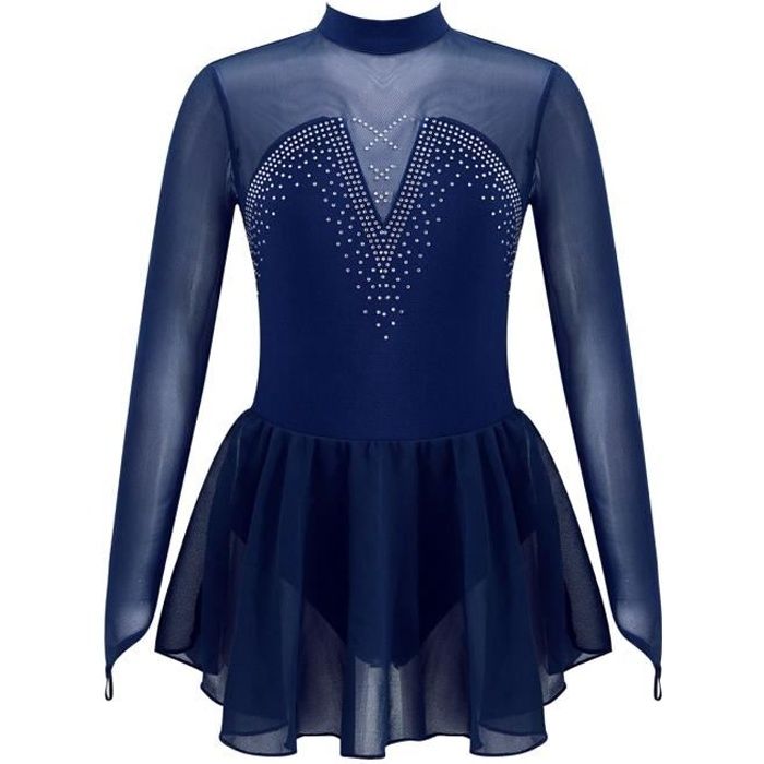 CHICTRY Robe Patinage Artistique Fille Enfant Manches Longues Justaucorps  Strass Gym Danse 6-14 Ans Bleu marine