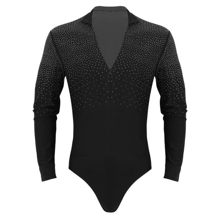 YONGHS-FR Homme Justaucorps Danse Strass Manches Longues Chemise Danse Latine Gymnastique M-XXL Noir