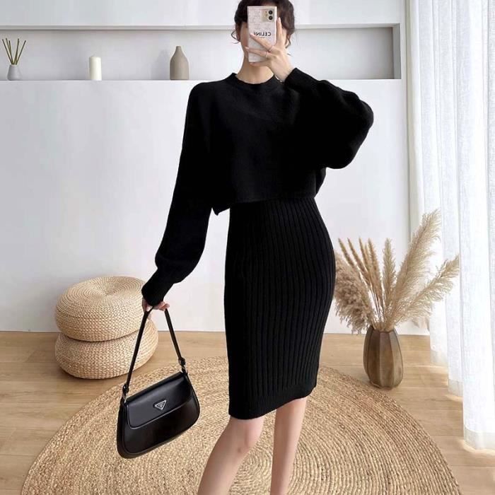 Robe Ensemble pull gilet tricote pour femme tenue de bureau deux pieces a la mode automne hiver Black B5240