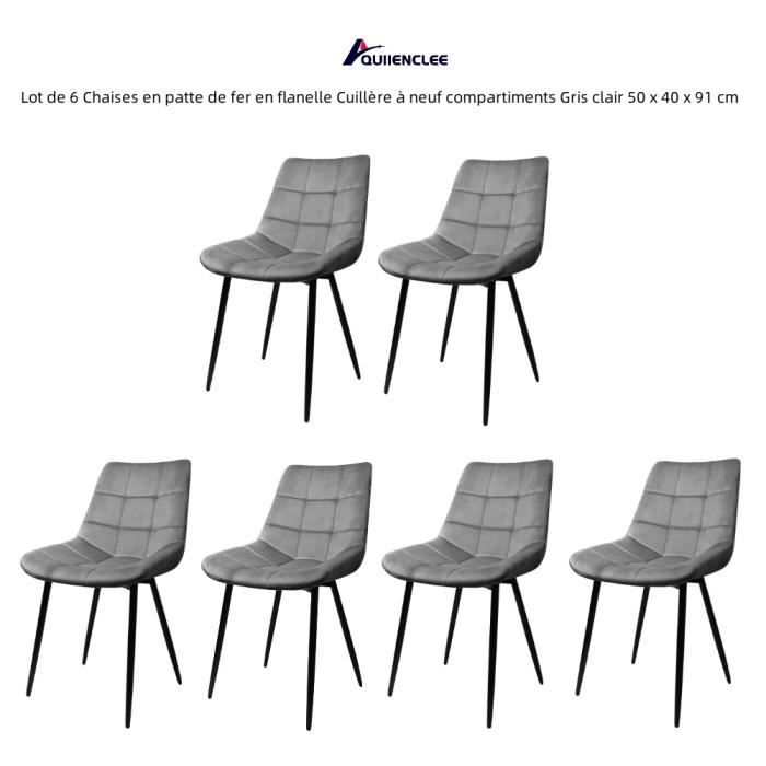 QUIIENCLEE Lot de 6 Chaises en patte de fer en flanelle Cuillère à neuf compartiments Gris clair 50 x 40 x 91 cm