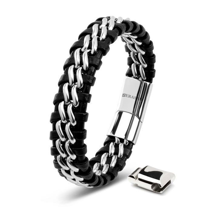 Bracelet en Cuir pour Homme SERASAR B013-20 Argent Bijoux élégants et à la mode cadeau parfait pour mari ou petit ami.