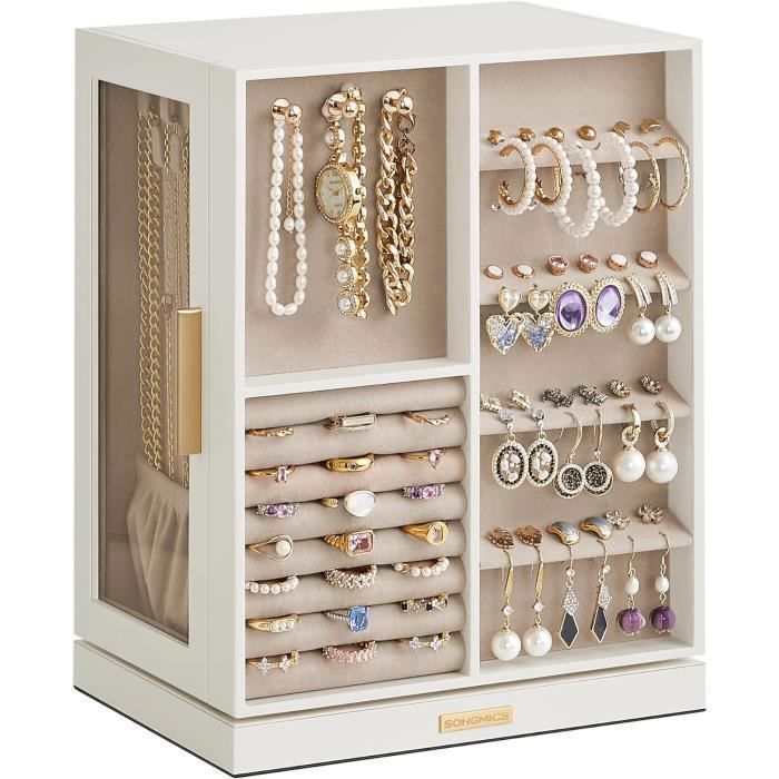 SONGMICS Boîte à Bijoux Rotative à 360° Coffret à Bijoux avec 5 Tiroirs Fenêtres en Verre Latérales Blanc Nuage