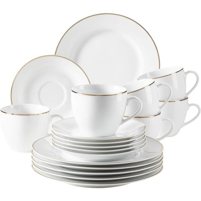 Mäser, Série Nola Service à Café Moderne Pour 6 Personnes, Blanc Avec Bord Noir, 18 Pièces Avec Tasses à Café, Soucoupes Et Assiettes à Dessert, Vaisselle à Café Ronde, Blanc