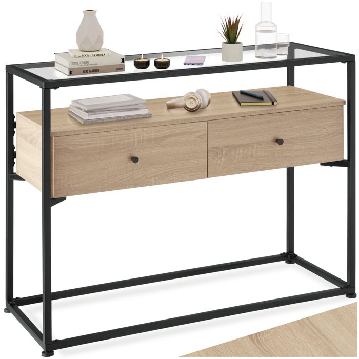 Table console - TECTAKE - Console READING au style industriel en bois et acier avec 2 tiroirs 1015 x 415 x 805 cm - Bois clair