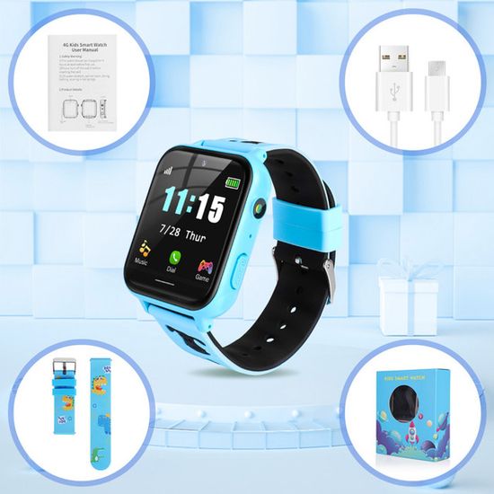 Montre Intelligente Enfant 2G 1.44" Bleu - GPS LBS, SOS, Appel Bidirectionnel, Mode École & Caméra