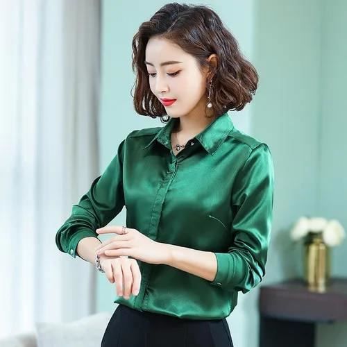 TingYiLi Chemisier en Satin Vert Rose pour Femme Chemises Coreennes Elegantes a Manches sulfpour Bureau Printemps green E3983 Blanc Cdiscount Pret a Porter