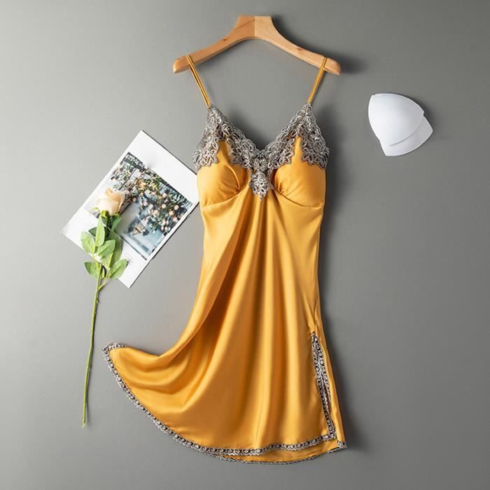 Sasaquoy Robe De Chambre Femmes Satin Sling Jupe Sexy Lingerie Home Wear Pyjama Chemise de Nuit Jaune Jaune Cdiscount Pret a Porter