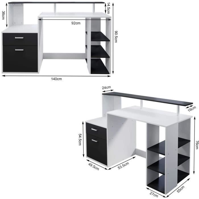 Bureau d'ordinateur avec tiroirs et étagères de rangement