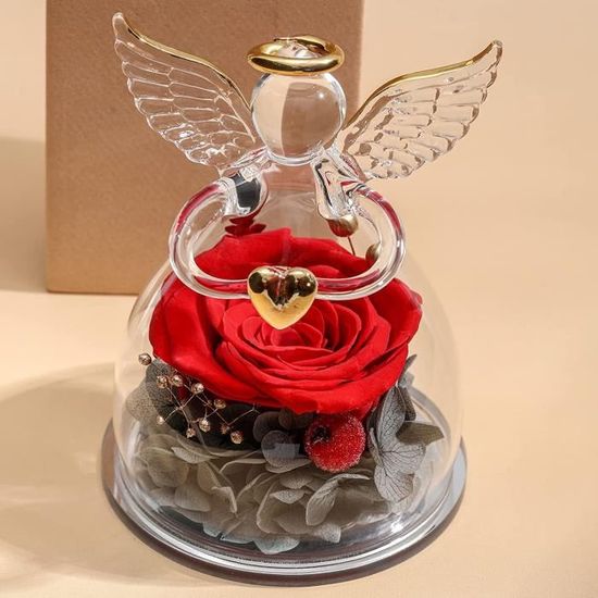 GUHAOOL Rose Éternelle Sous Cloche Avec Ange Gardien - Cadeau Romantique Fête Des Mères Saint-Valentin - Rouge