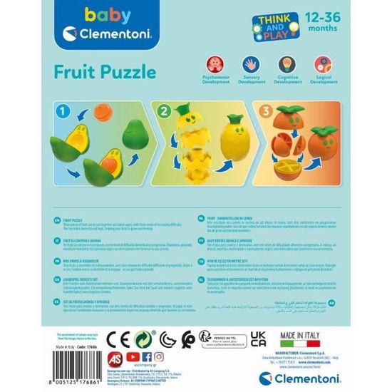 Clementoni - Mes Fruits à Assembler - 3 Fruits (avocat, Ananas, Orange) - Motricité Et Logique - Fabriqué En Italie - 100% Matériaux Recyclés - Dès 12 Mois