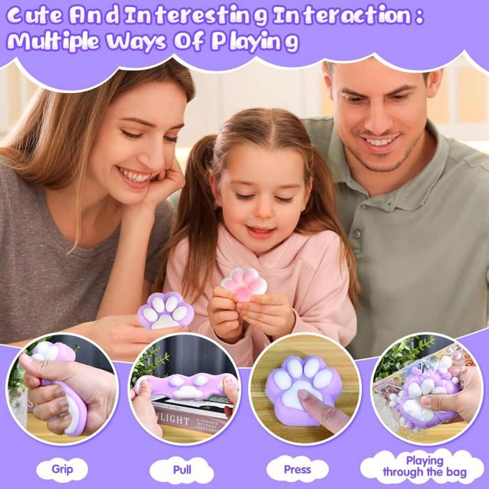 Lot 4 Squishy Patte De Chat Géante – Jouets Anti-Stress Kawaii – Fidget Mignon Rose Bleu Violet Noir