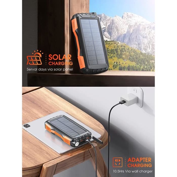 Power Bank Solaire 42800mAh - Chargeur Portable étanche, Parfait Pour Camping, Randonnée | Panneau Solaire Intégré, 2 Ports USB