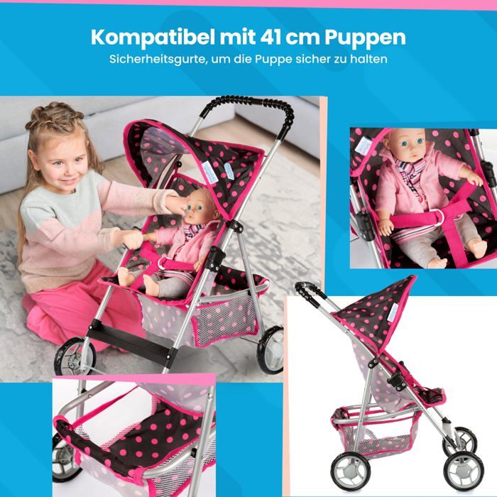 Kinderplay Poussette Poupée Légère Pliable – Capote Réglable + Panier – Jeu Rôle Dès 3 Ans – Ultra-Maniable