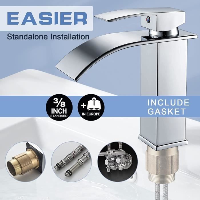 Robinet de lavabo moderne et élégant en forme de cascade, à poignée unique, en laiton massif chromé｜Homary