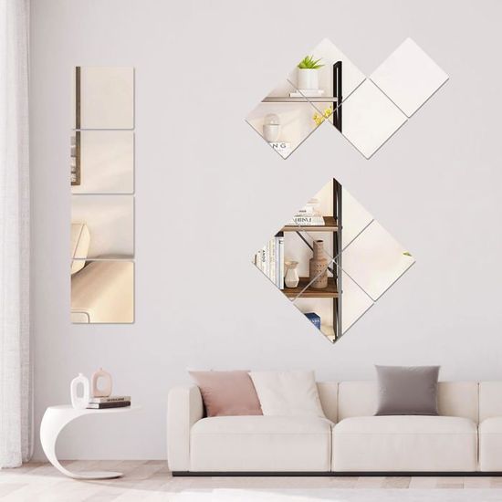 Décoration Salle De Bain Miroir QUIIEOSKIA Lot De 4 Miroirs Adhésifs - 20 X 20 Cm - Miroir Mural En Acrylique - 2 Mm D'épaisseur - Décoratif Pour Salle De Bain, Salon