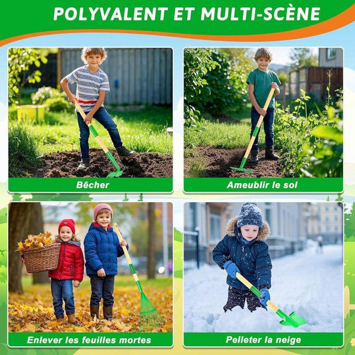 IEEILULU Kit Jardinage Enfant 7 Outils – Pelle, Râteau, Pioche, Balai, Gants, Tablier, Arrosoir – Pour Filles Et Garçons Dès 3 Ans