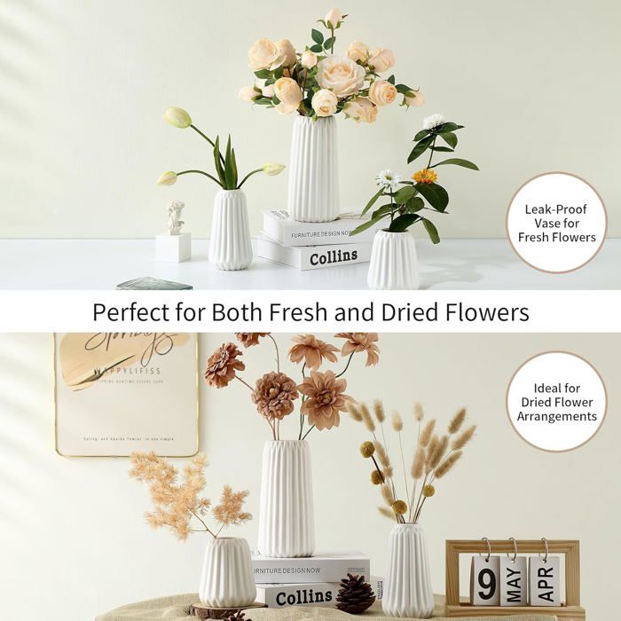 Vase en céramique avec rainures, petits Vases Wit mat pour l'herbe de