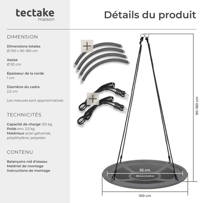 Balançoire Nid D'Oiseau Réglable 200kg – Filet 100cm Pour Enfants Et Adultes – Intérieur Et Extérieur