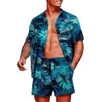 Ensemble Survêtements Hawaiian Imprimé Homme Été T-Shirt à Manche Courte et Shorts 2 pièces Plage Casual Sportswear BLEU-C