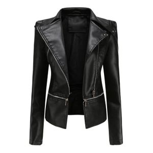 MANTEAU - CABAN OS manteau femme Slim cuir col montant Zip moto costume ceinture veste hauts Black