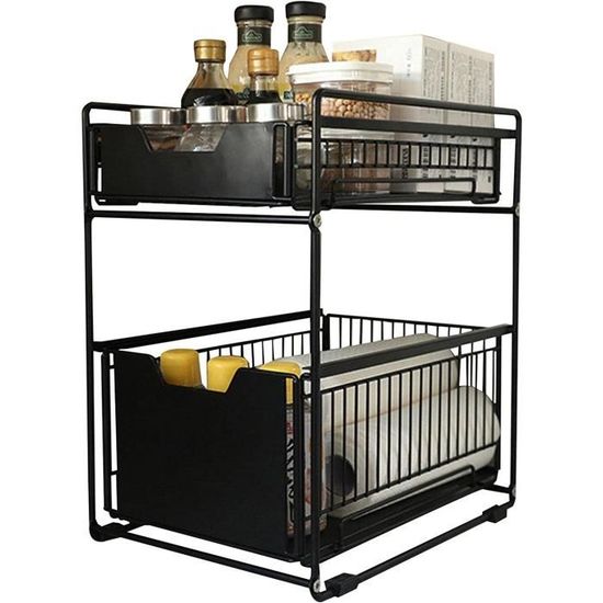 Organiseur Extensible Sous Évier 2 Niveaux - 40x21.5x37 Cm, Noir - Pour Cuisine, Salle De Bain, Coulissant