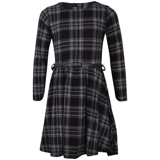Robe Patineuse Fille En Tartan Rouge Et Noir - Viscose élastique, Pour Fête Ou été, Tailles 7-13 Ans