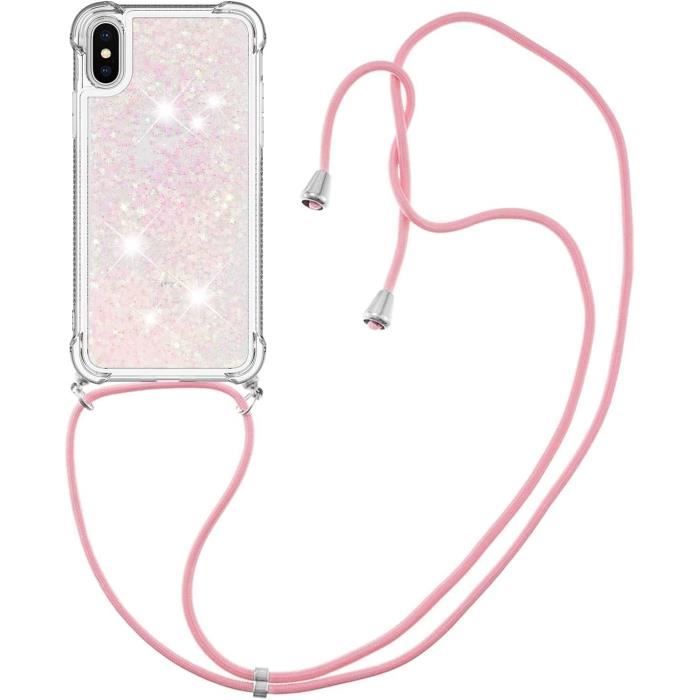 Coque iPhone X iPhone XS en Silicone Transparente à Paillettes Quicksand avec Corde iPhone X XS s Lanière Cou Réglable àC