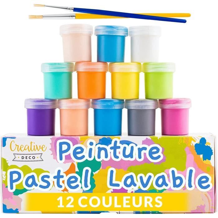 Pastel Peinture Enfant Lavable Doigt - 12x20ml - Loisir Creatif, Couleurs Basiques, Intenses et Pigmentées, Séchage Rapide Effet Mat
