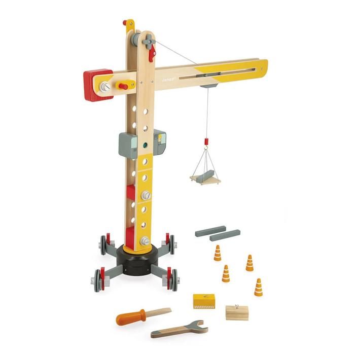 JANOD - Grande Grue en Bois - Grue Mobile - Hauteur 74 cm - 12 accessoires inclus - Facile à manipuler - Produit FSC TM - Dès 3 Ans