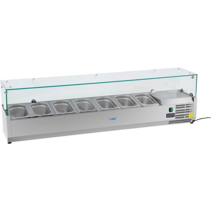 Saladette à poser Vitrine refrigérée en inox pour 7 récipients 1/4 GN 0-10°C 33,5x160,5x46,5cm 170W 48L Royal Catering RCKV-160/33-O