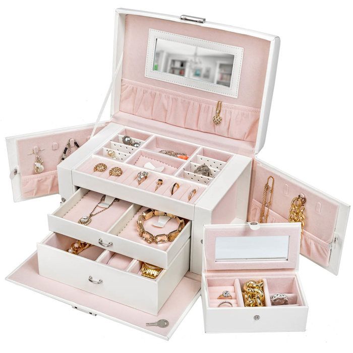TECTAKE Boîte à Bijoux, Boite de Rangement, Présentoir à Bijoux, Coffret à Bijoux Avec Miroirs Blanc