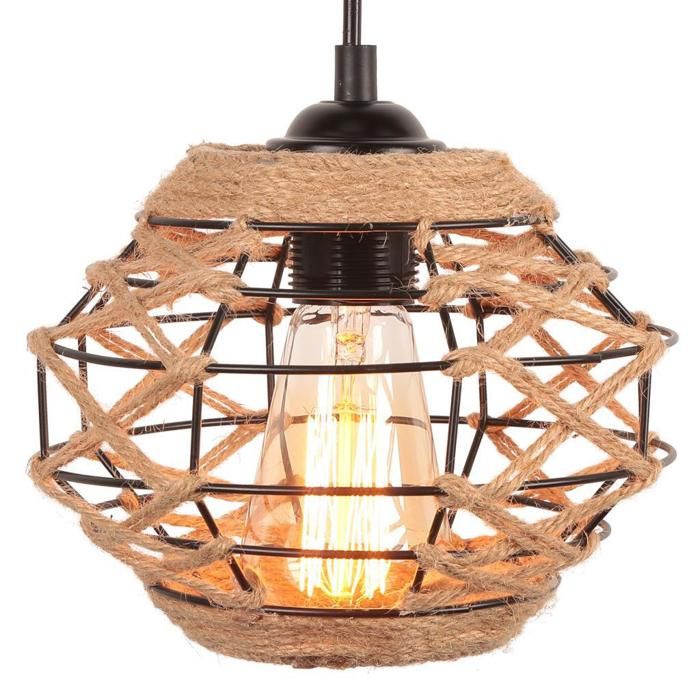 IDEGU Retro Suspension Luminaire Industriel Lustre Vintage en Cage Corde de Chanvre E27 Éclairage Plafonnier Ajustable Noir