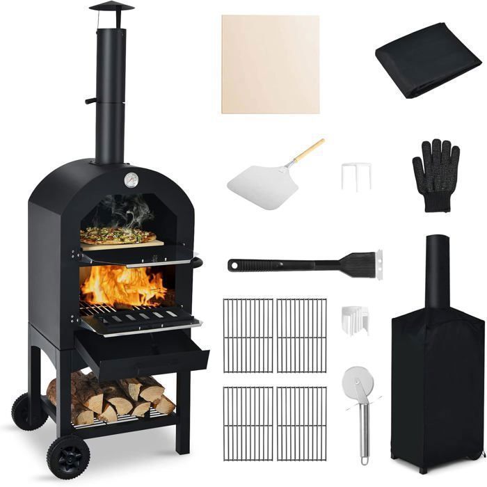 Four à Pizza Extérieur au Charbon de Bois COSTWAY-Pierre à Pizza 305cm Gant Anti-brûlureHousse Étanche2 GrillsThermomètre