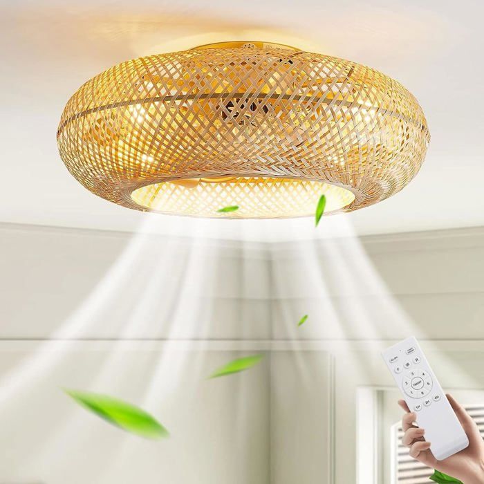 Ventilateur De Plafond Avec Éclairage En Bambou - Style Rétro, Télécommande, 6 Vitesses, Réversible (Diamètre 50 Cm)