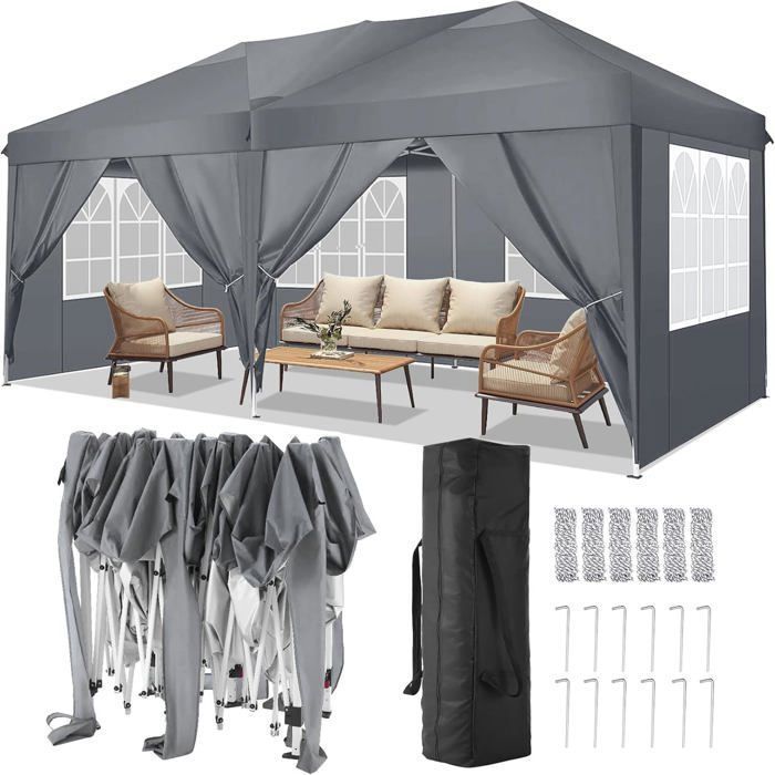 Tonnelle De Jardin Alpstorm 3x6 M Avec 4 Parois Latérales Fenêtrées - Toit PE étanche, Cadre Acier - Pour Fête, Marché, Camping